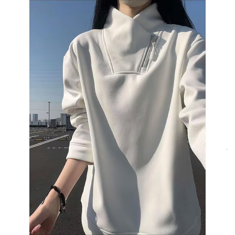 Couple's Diagonal Zipper Sweatshirt For Men Autumn And Winter Fleece-lined Stylish Long-sleeve T-shirt Heavy Designer Hoodie And Thick Warm Inner