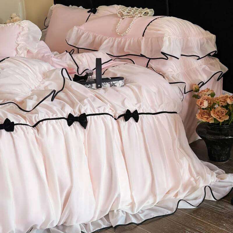 Romantic Lace Princess Black Bow Bedding Pink Korean Style Duvet/Comforter Cover Set Bed Sheet/Fitted Sheet Pillowcases 4Pcs H260312