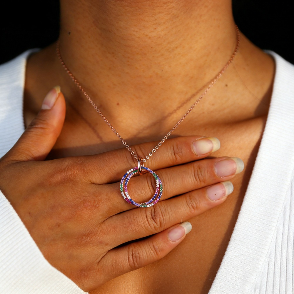 Colorful Rose Gold Plated Double Ring Necklace Rainbow Gradient Color Inlaid With Zircon Fashionable And Versatile Boutique Gift