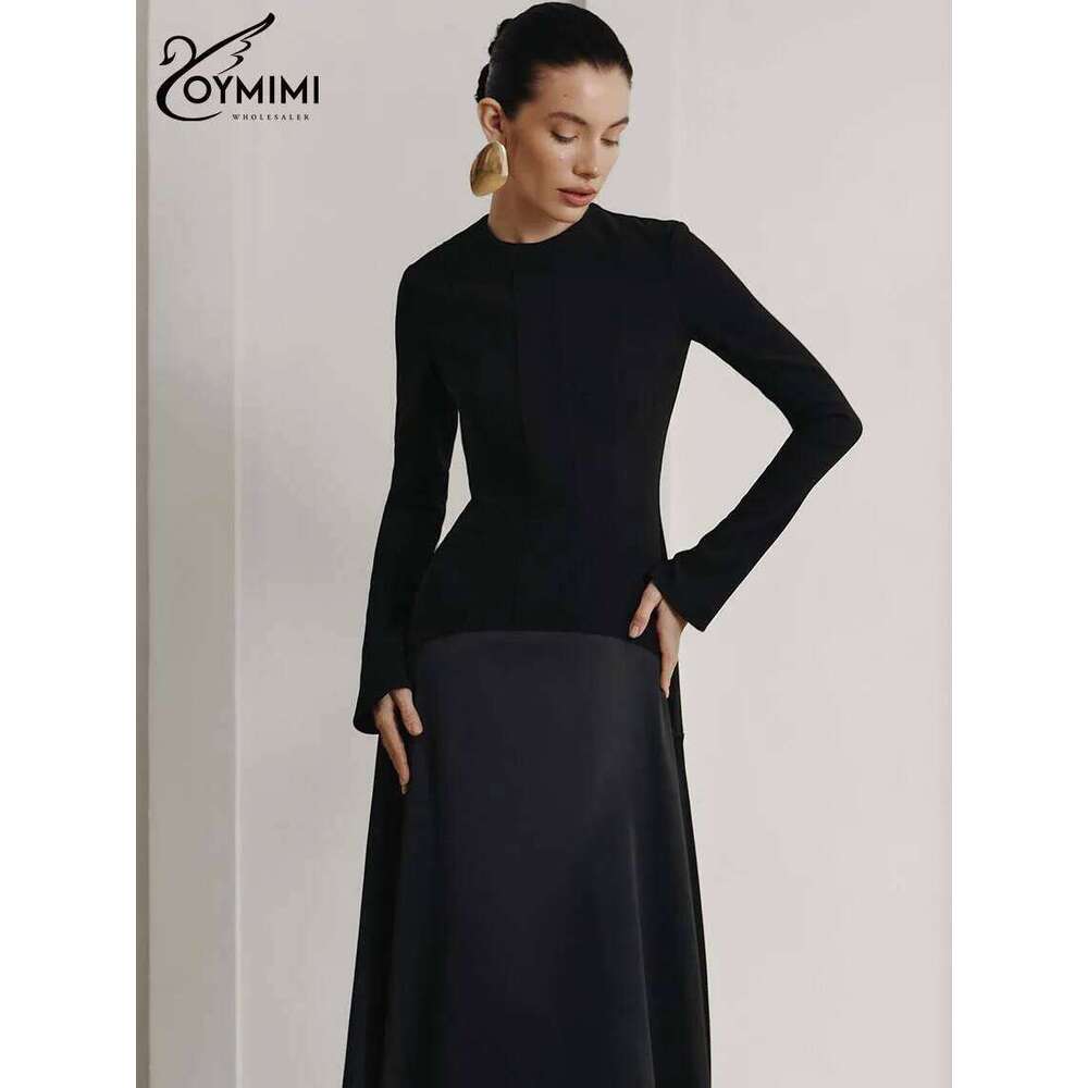 Oymimi Elegant Black O-Neck Womens Fashion Long Sleeve Patchwork Slim Dresses Casual New Straight Ankle-Length Dress C260312