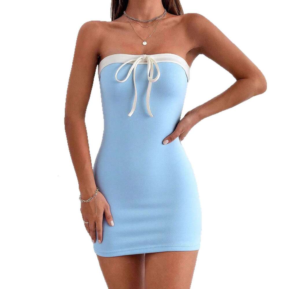 Cross-border women's fashion casual slim-fit European and American style sexy tie-up bodycon dress, new summer strapless waist-cinching dress