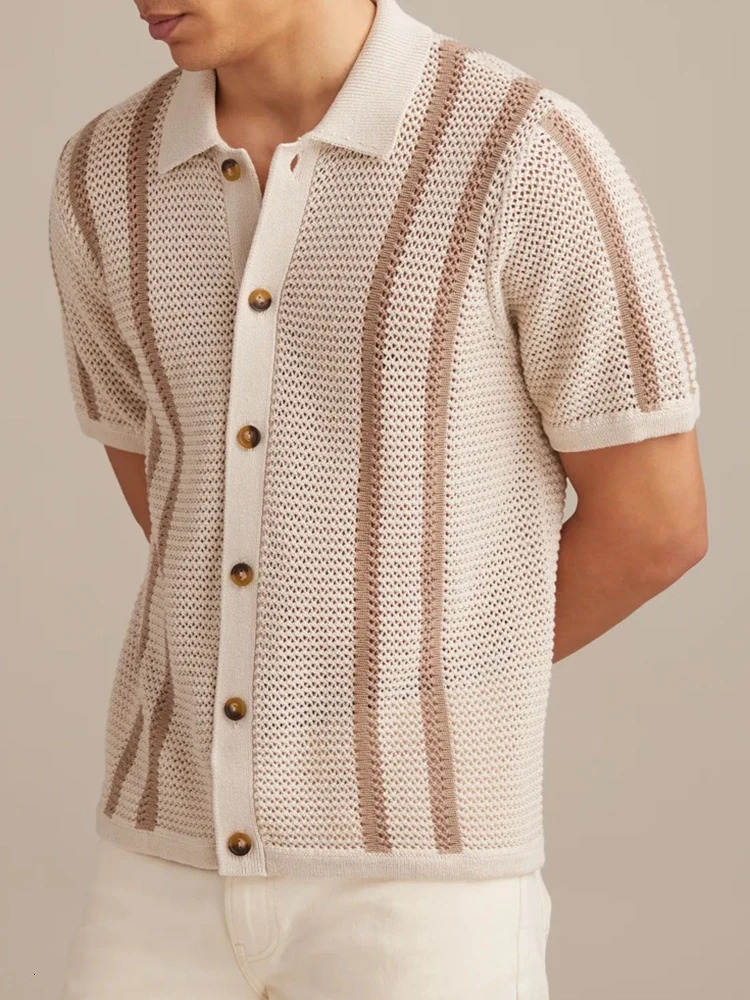 Vintage Striped Knitted Shirts Men Casual Short Sleeve Buttoned Lapel Cardigan Tops 2026 Spring Summer Stylish Knitting Shirt 260311