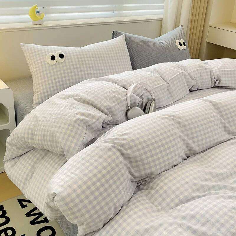 Small Fresh Cream Style Striped Simple Embroidery Big Eyes Four-piece Quilt Cover Bed Sheet Dormitory Three-piece Set H260312