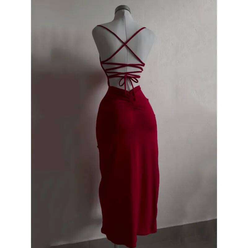 Summer Backless Bandage Sexy Club Women's Elegant Spaghetti Strap Evening Party Dresses Split Slim Solid Color Long Dress C260312