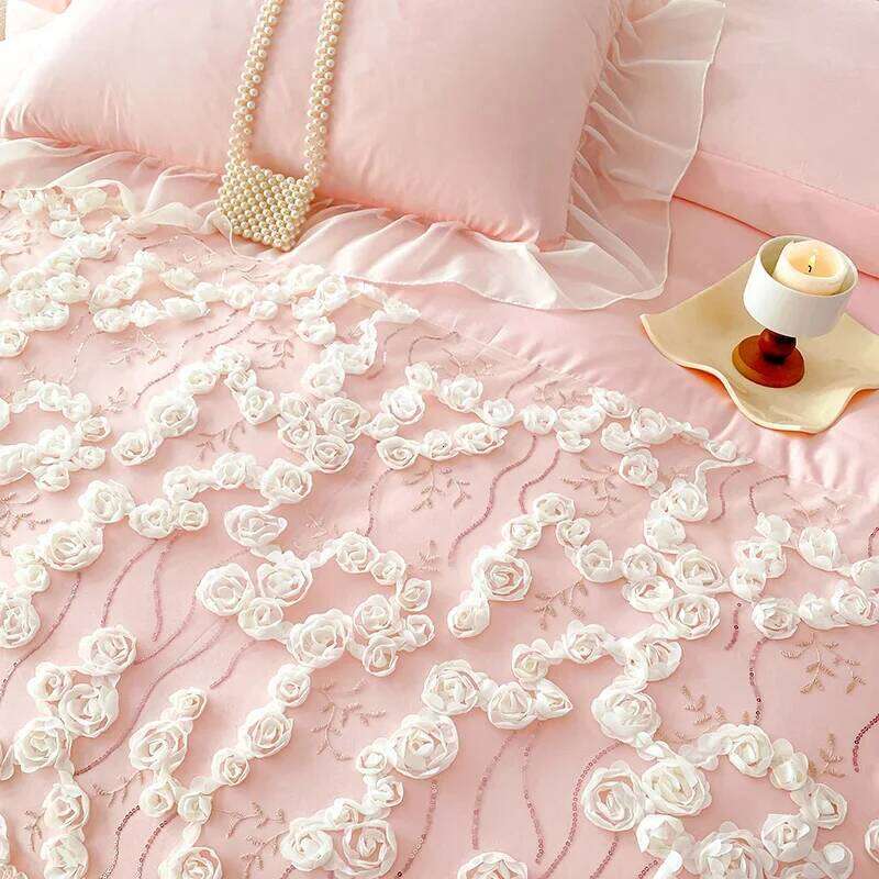 Pink with for Girls Princess Style Duvet Cover Sets Lace Flower Sheet Single/Queen/King Bedding Bed Set H260312