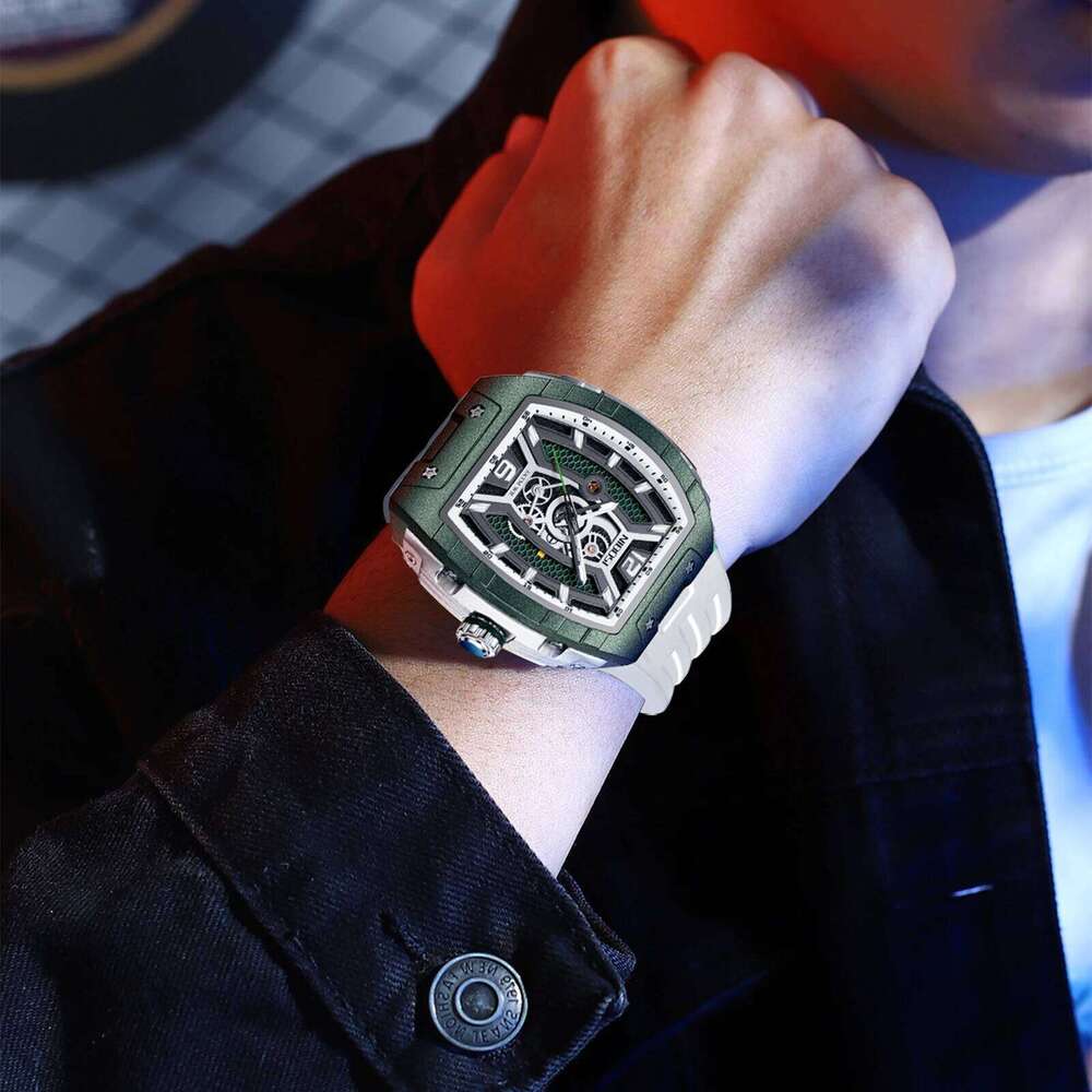 NIBOSI Luxury Automatic Skeleton Watch Men Tonneau Sport Style Silicone Band Quartz Watches 3ATM Water Resistant Luminous Hands