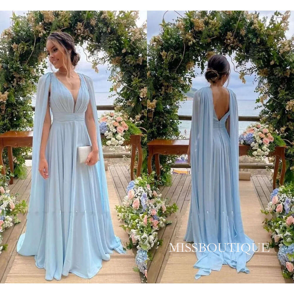 Simple Chiffon Bridesmaid Summer Garden Beach Boho Wedding Guest Dresses A Line V Neck Sexy Backless Long Maid Of Honor Gowns Plus Size B0312