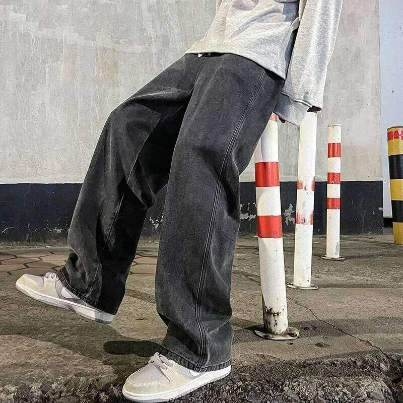 2025 New Streetwear Jeans Men Korean Style Fashion Loose Straight Wide Leg Pants Men's Brand Clothing Black Light Blue