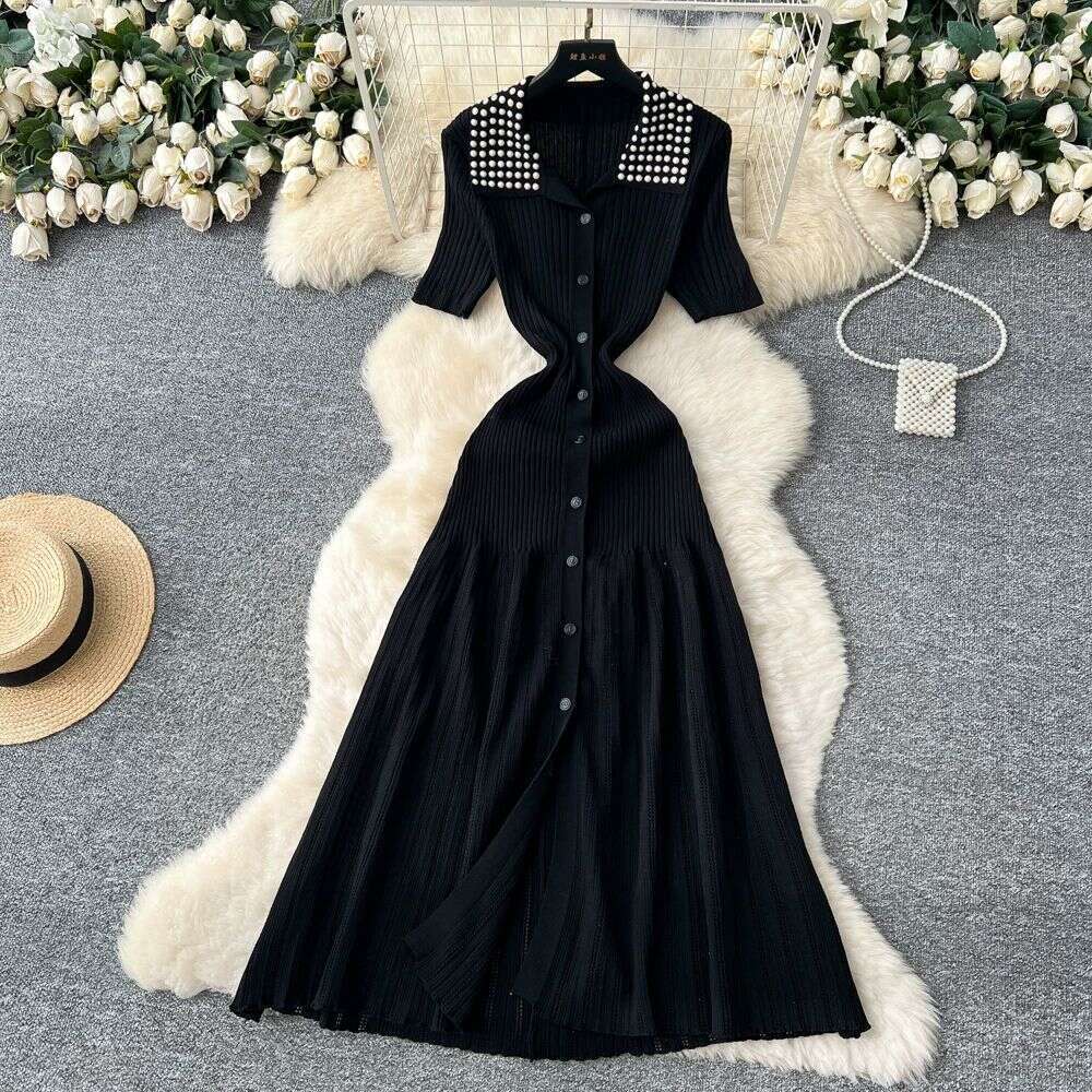 2026 vintage Hepburn style bead A15 embellishment lapel knit women's autumn and winter single breasted waist with elegant fishtail long skirt