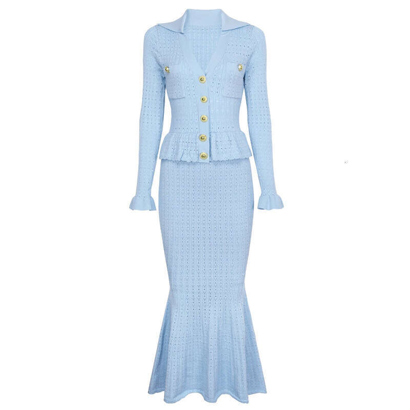 2026 Spring and Summer Elegant Social a21 Dress Thin Hollow Knitted Collar Top with Ruffle Sleeves and Fitted Fishtail Skirt Set