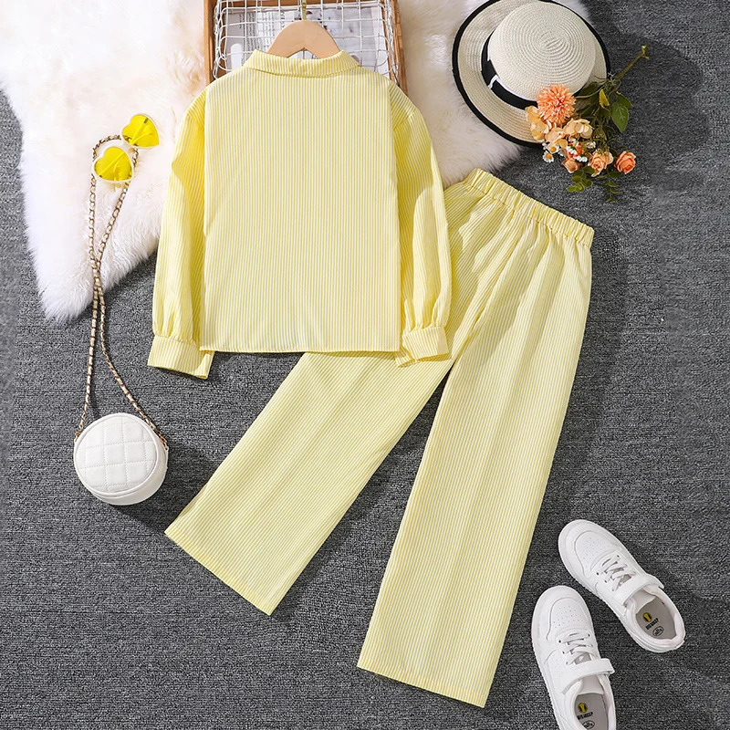 Childrens Spring Autumn 412 Years Old Girls Yellow Striped Long Sleeve Top Pants Suit Classic Simple Refreshing 260311