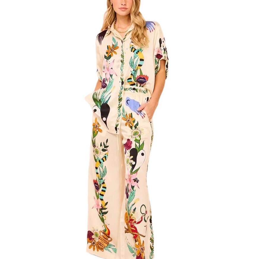 2026 new niche fashion personalized baking paint printed acetate satin shirt wide leg long a21 skirt set