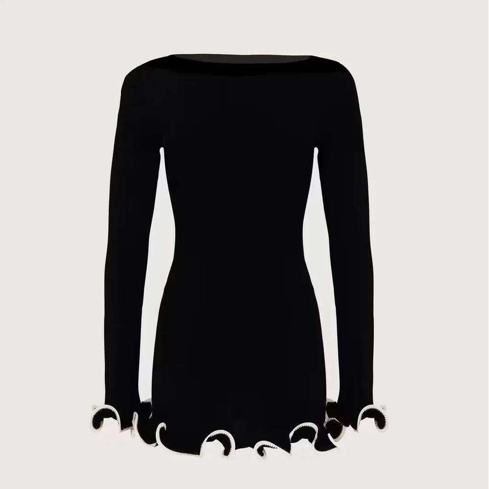 Elegant Solid Color Short Long Sleeve Ruffles Trim Bodycon Office Casual Daily Wear Ladies Cocktail Dress C260311