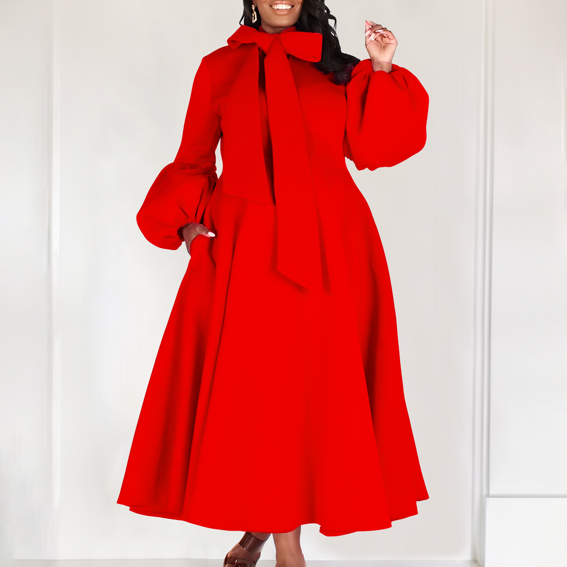 D427 Womens Fashion 2023 New Puff Sleeve Tie High Waist Dress