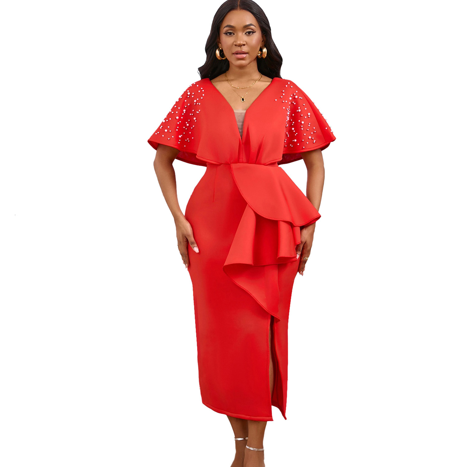 D516 Summer Sexy V-neck Ruffle Split Beaded Evening Dress Socialite Elegant Banquet Dress