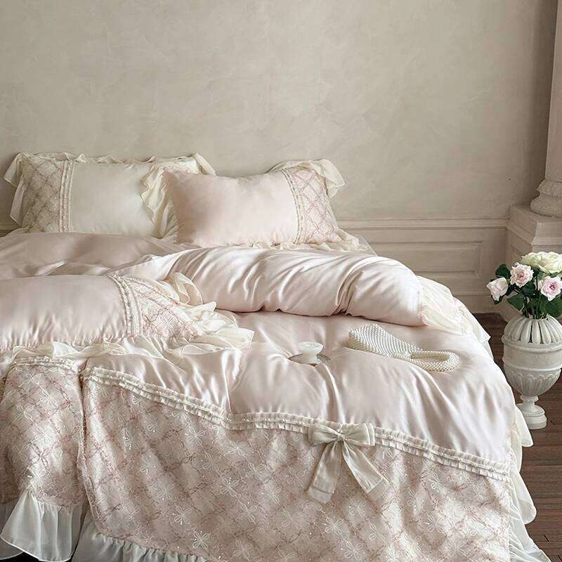 Princess Style Lace Ruffles Bow Bedding Set Lyocell Soft Silky Cool Feeling Duvet Cover Bed Sheet/Fitted Sheet Pillowcases 4Pcs H260312