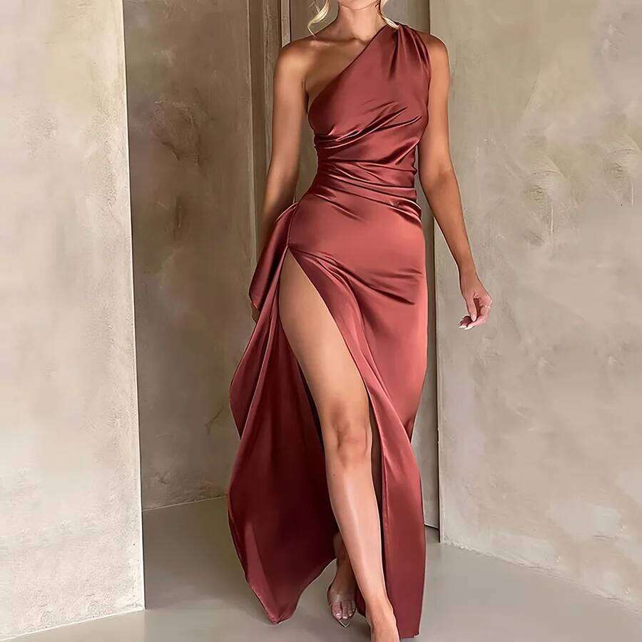 Sexy One Shoulder Satin Long For Women Summer Sleeveless High Split Backless Party Evening Dresses Elegant Cocktail Dress C260312
