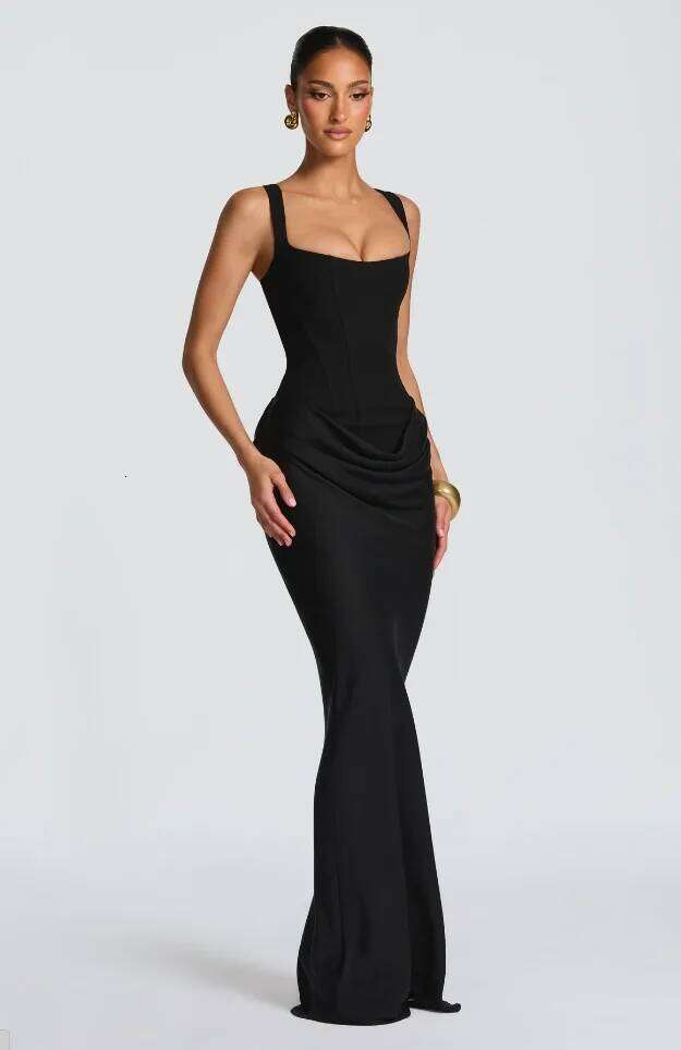 Women Solid Pleated Sling Dress Sexy Square Neck Sleeveless Off-shoulder Waist Cinching Slim Dresses Lady Evening Party Gowns C260312