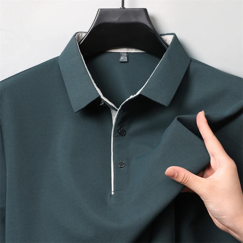 Mens Business Casual Long Sleeve Solid Color Polo Shirt Fashionable Warm Comfortable Four Seasons Versatile Top 260311