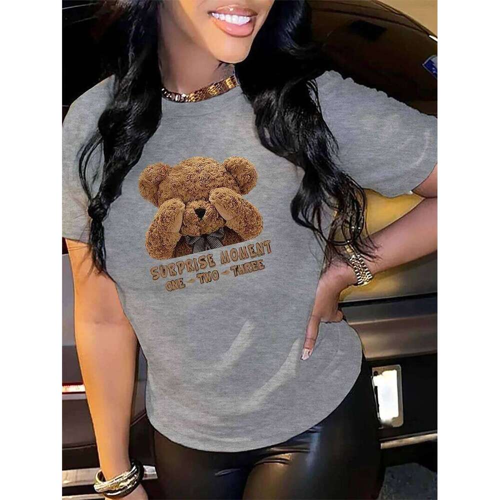 Cartoon Bear Print T-Shirt, Casual Crew Neck Short Sleeve Top For Spring & Summer, Women's Clothing t shirt Z260312