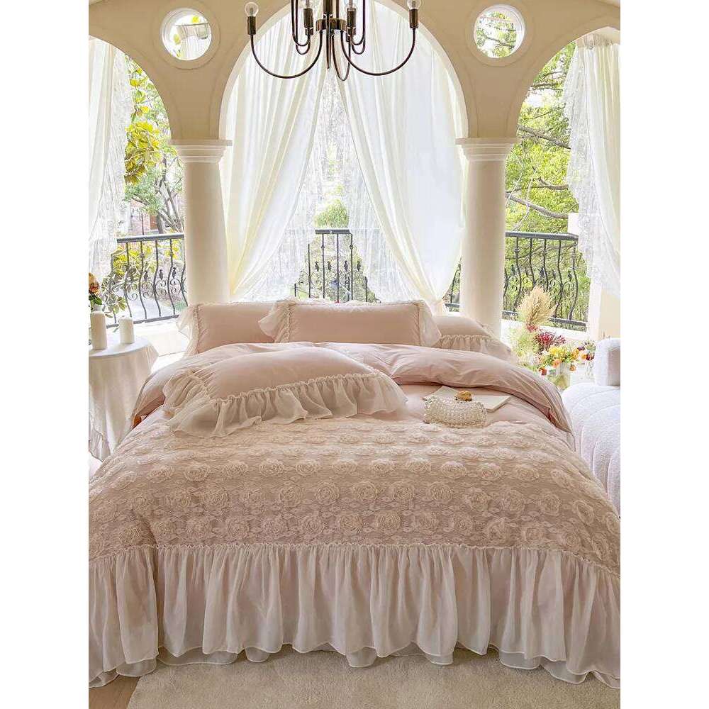 Korean Style Soft Cotton 3D Rose Lace Bedding Set, King Queen Princess Duvet Cover Bed Skirt Bedspread,High end Home 4pcs H260312