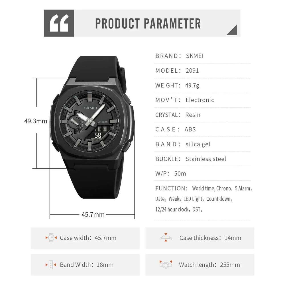 SKMEI 2091 Luxury Sports Quartz Watch for Men Military Waterproof Countdown Chrono Digital Watches Mens Date Clock reloj hombre