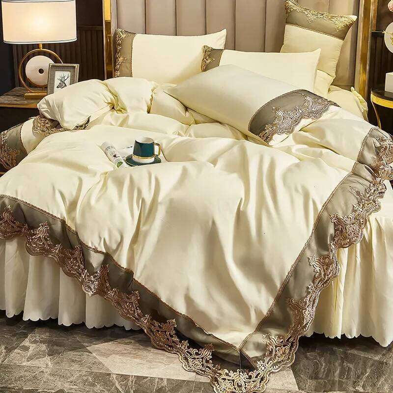 Skincare Polished Light European Style Embroidery Solid Color Lace Bed Skirt Four Piece Set H260312