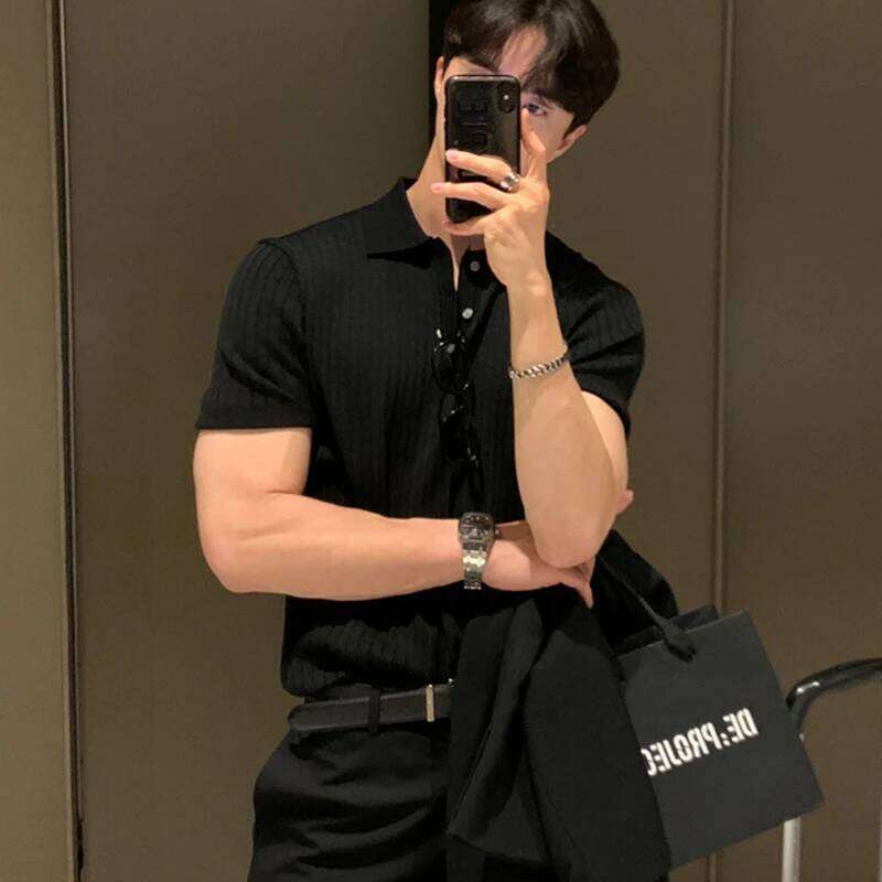 Summer Men's Clothing Retro Knit Lapel Striped Polo Shirt Solid Color Short Sleeve Fashion Light Luxury Popular Knitwear M-3XL