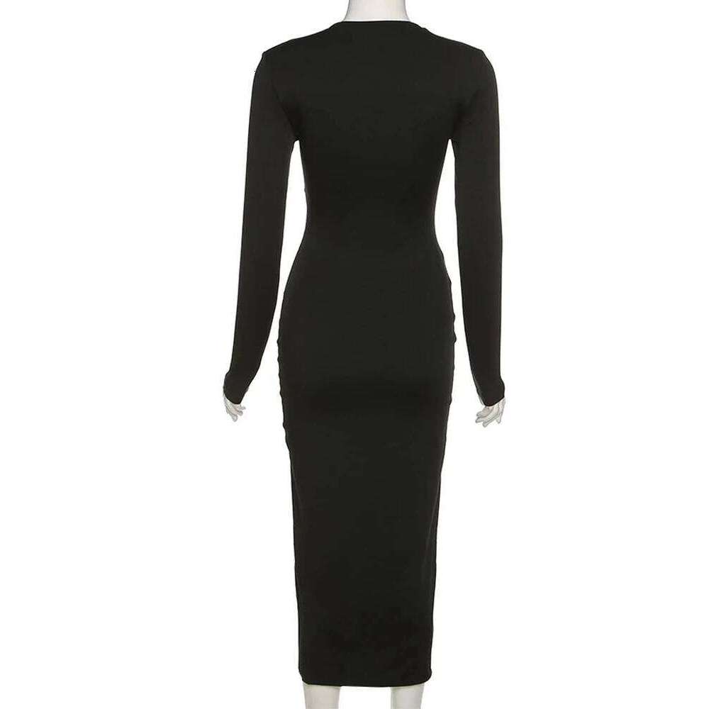 Autumn Crossed Cleavage Maxi Dress Women Concise Side Spilt Elegant Vestido Lady High Street Bodycon Slim Robe Skirt C260312