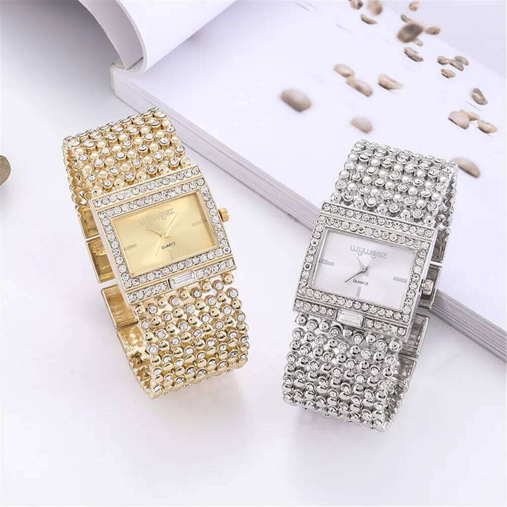 Luxury Simple Square Diamond Encrusted Quartz Watch Gold Skeleton Fashion Women's Clock Gift Dress Wristwatch