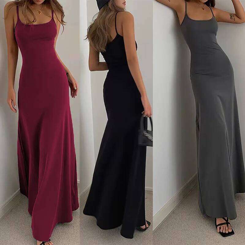 2025 European and American waist cinched high Mid length vest solid color suspender jumpsuit long skirt C260312