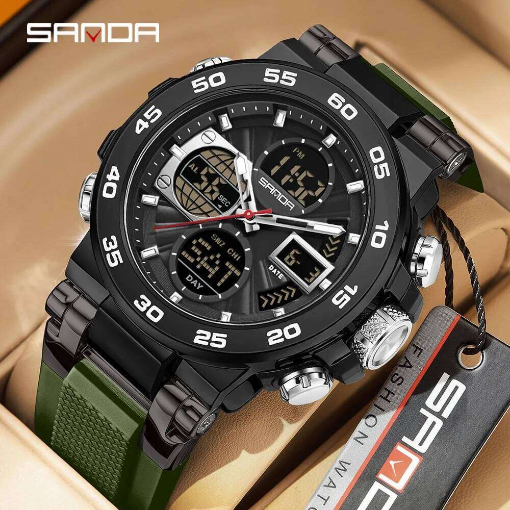 SANDA Luminous Dual Screen Multi functional Outdoor 3 Time Zones Sports Waterproof Men's Electronic Quartz Watch montre