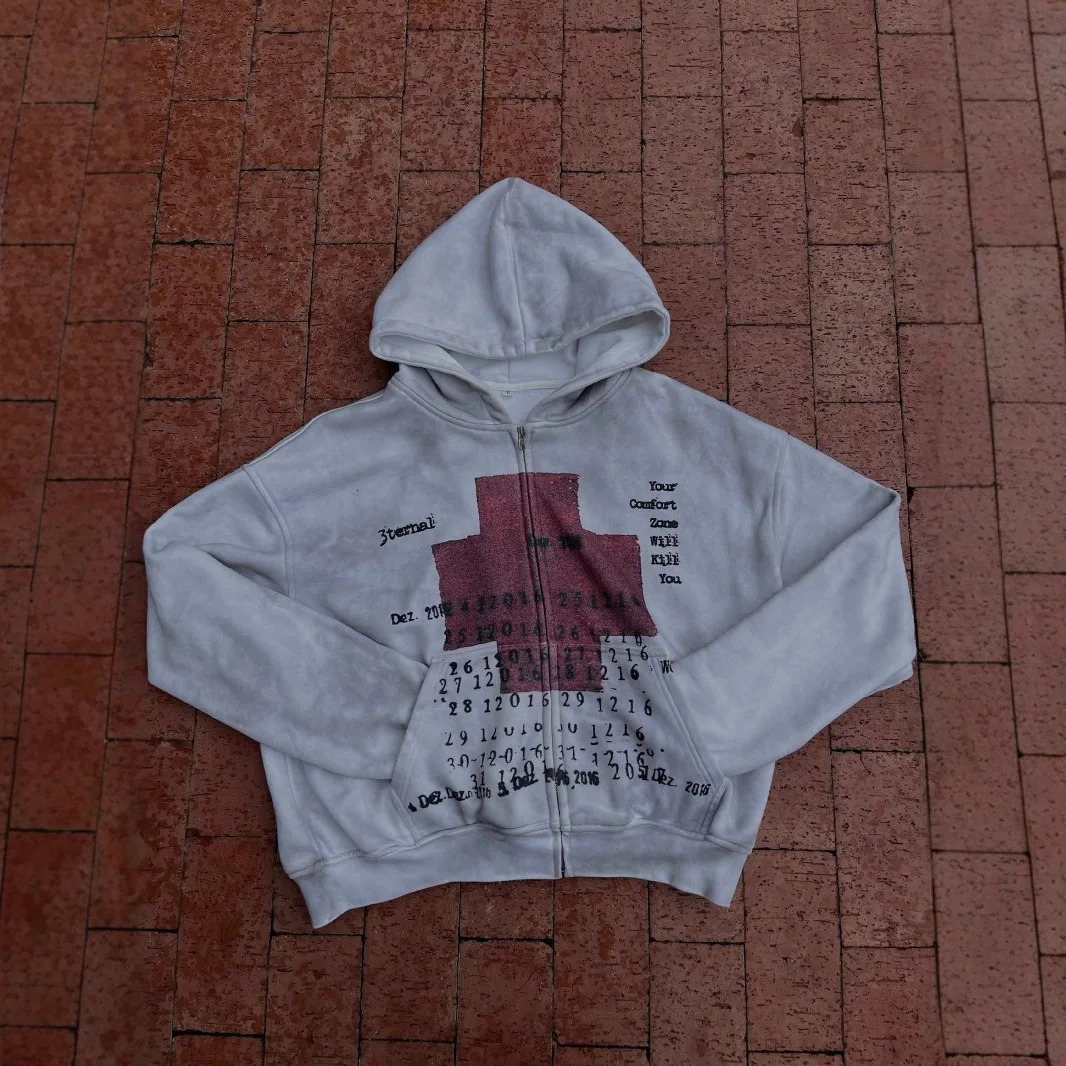 Mens Hoodie Vintage Y2K Streetwear Pullover Gray Sweatshirt Red Cross Print Distressed Style Long Sleeve Casual Dark Fashion 260311