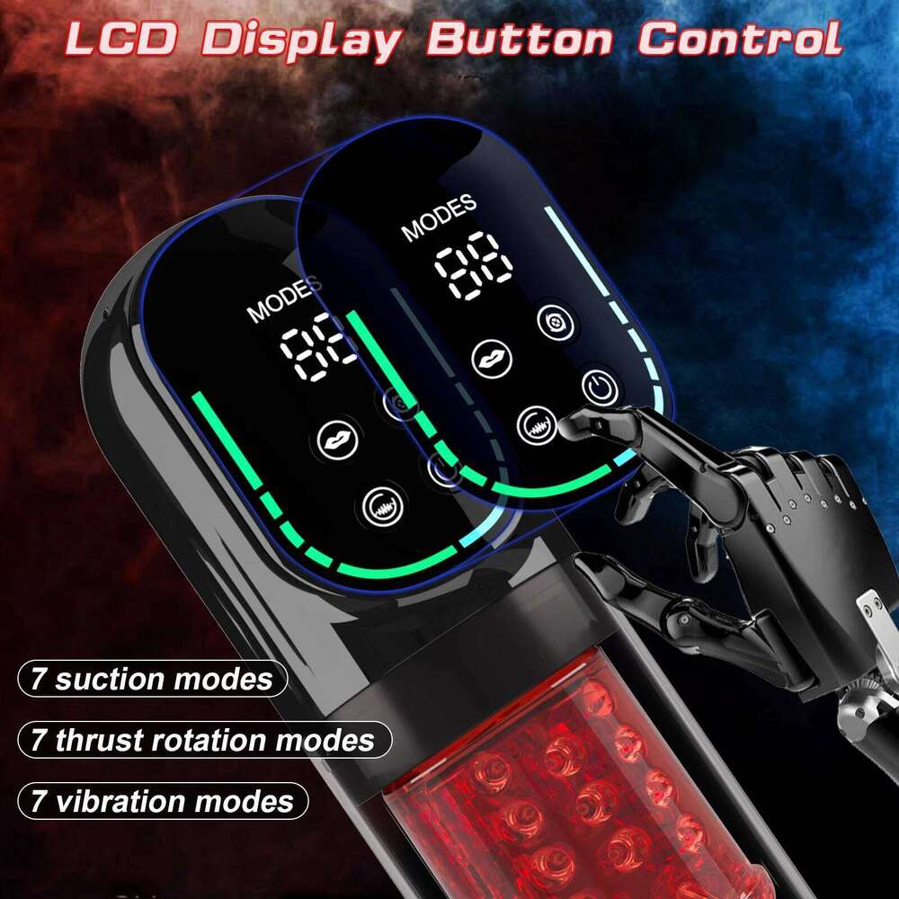 Automatic male Masturbator Pocket Cat 7 push Rotary vibration Suck Lick Stroking vacuum and LCD Screen Penis pump Adult toy Z260312