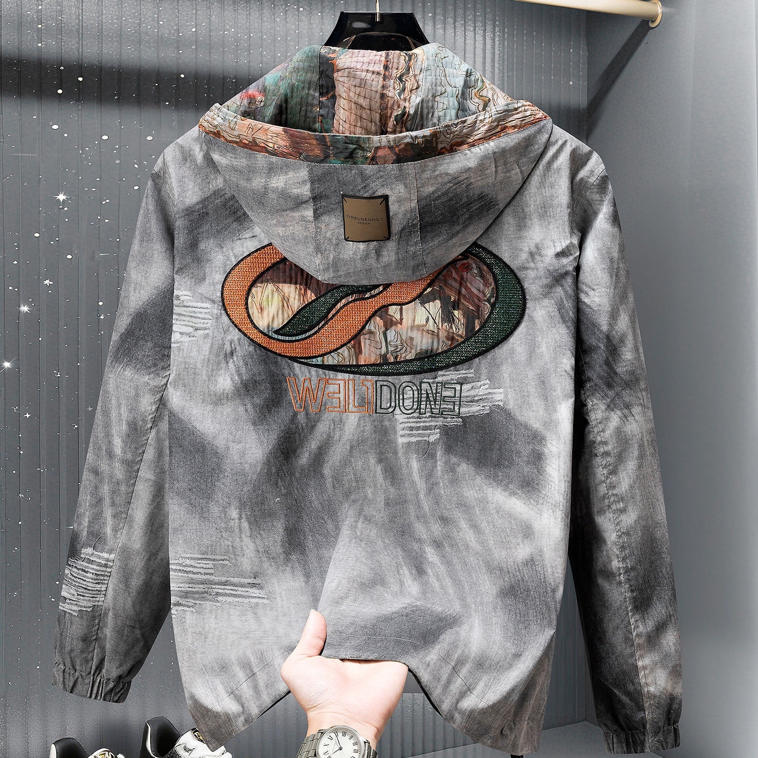 Luma hop 2025 New European and American Style Tie-Dye Men's Embroidered Hooded Jacket, High-End Trendy Brand, Lightweight Casual Autumn Jacket