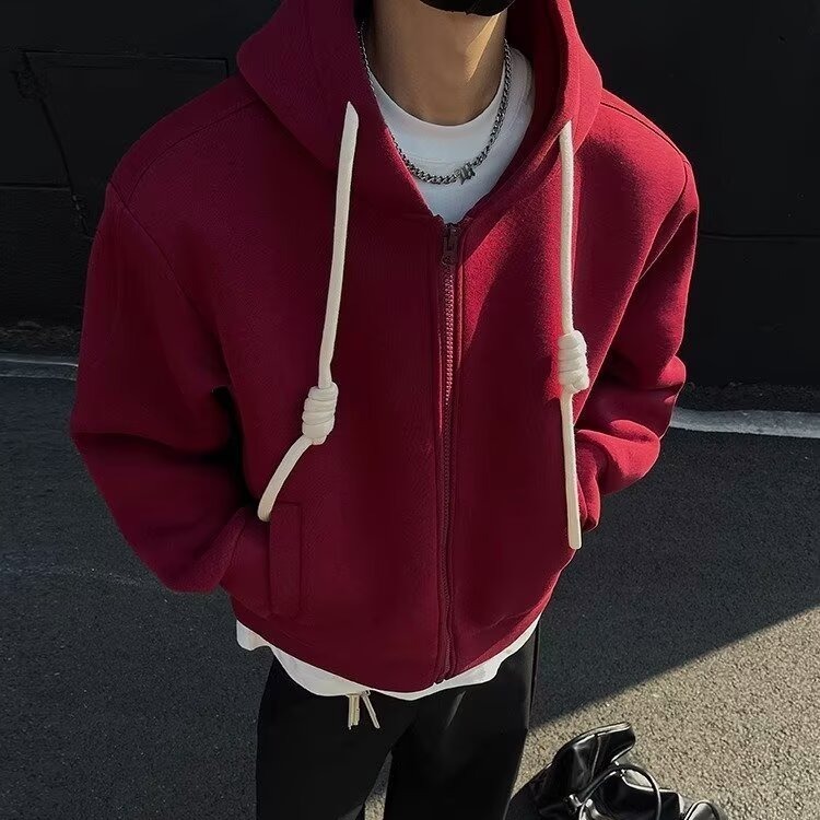 Designer Hoodie Trendy New Year Red Jacket For Men Spring High Street Style Cool Design Couple's Solid Color Cleanfit Cardigan Hooded Sweatshirt
