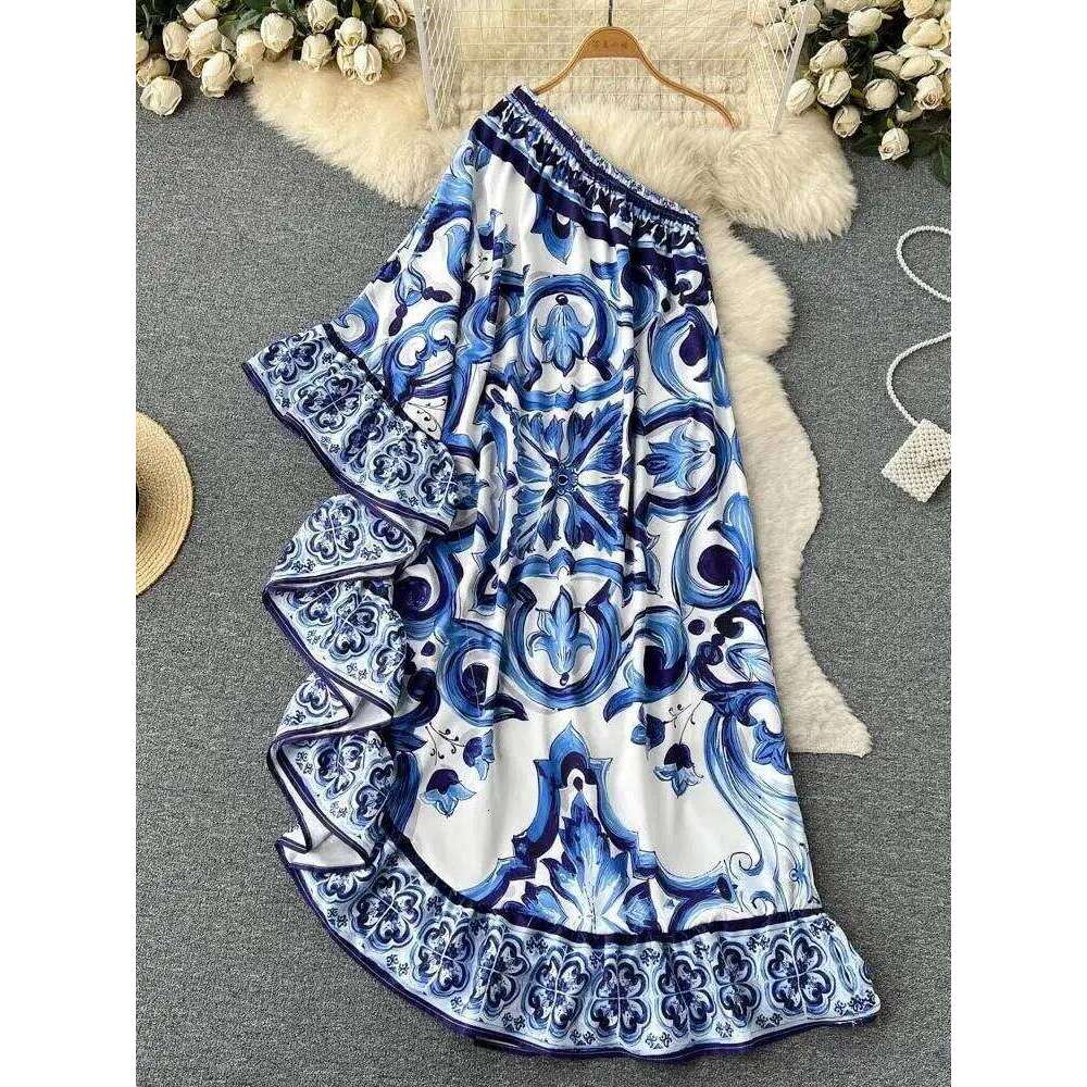 Summer Long Dress Women Runway Blue And White Porcelain Asymmetry Sexy Off The Shoulder Ruffles Hem Loose Robe Maxi Vestidos C260312