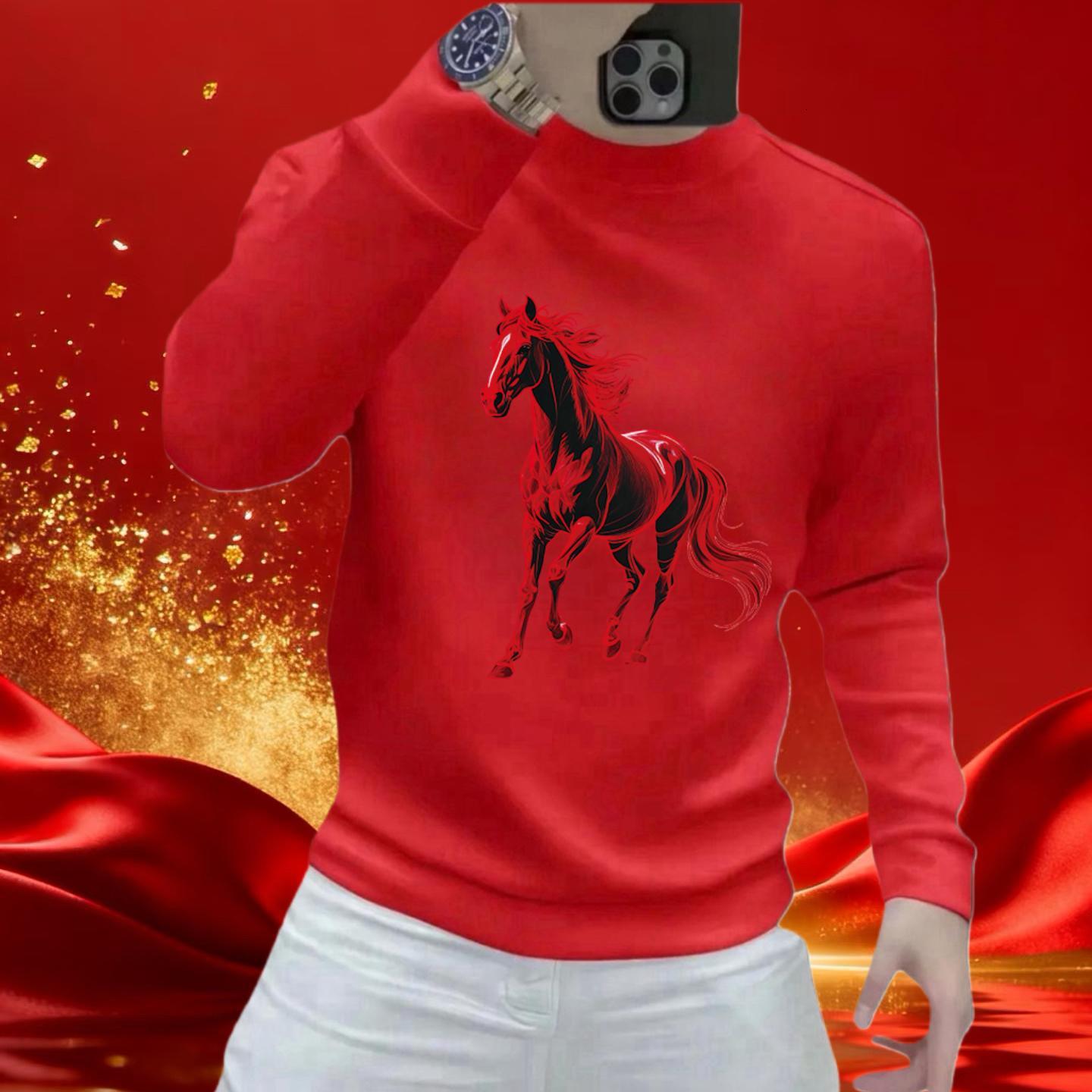 2026 Horse Yer Bestseller Horse Print Chinese Cotton Swetshirt For Men Red High-qulity Designer Hoodie Long-sleeve T-shirt For The Zodic Yer