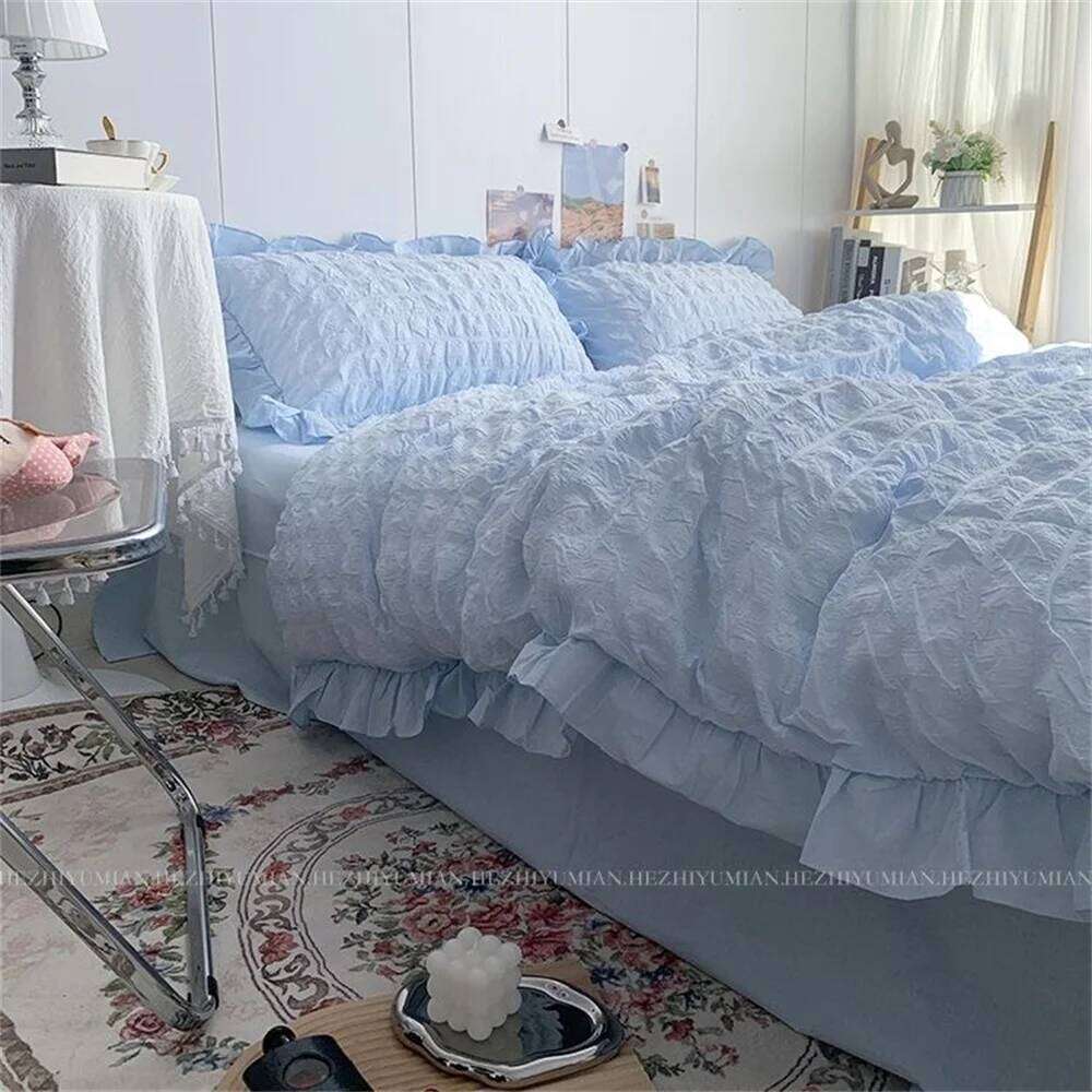 INS Girl Blue Bedding Sets Solid Color Seersucker Ruffles Lace Kawaii Soft Sheet Woman Duvet Pillow Covers Quilt Cover H260312