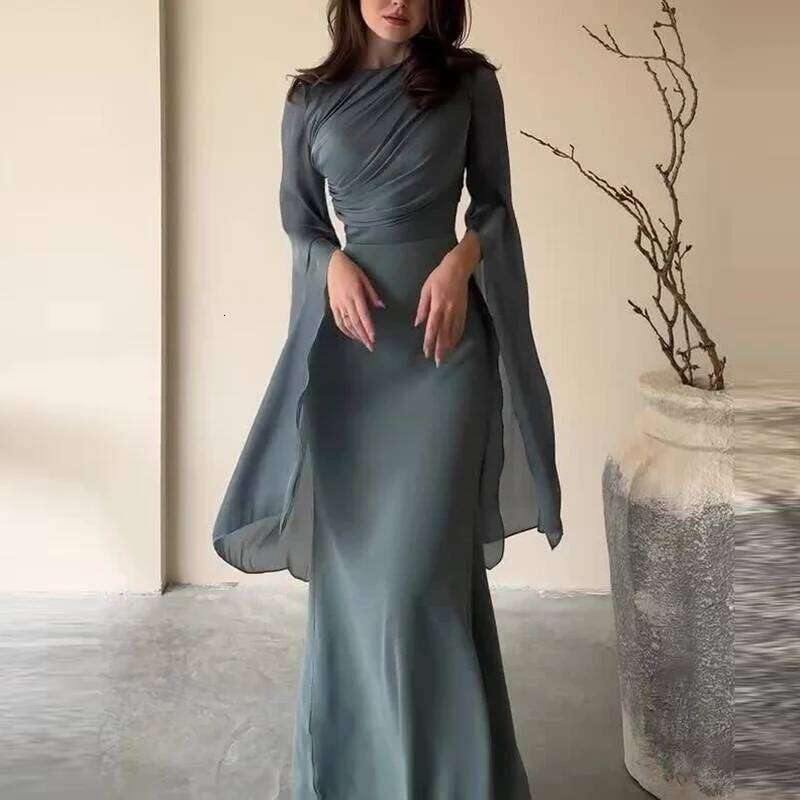 Fashion Satin Solid Robe Ladies Temperament O-neck Slim Evening Elegant Batwing Sleeves High Waist Pleats Long Dress C260312