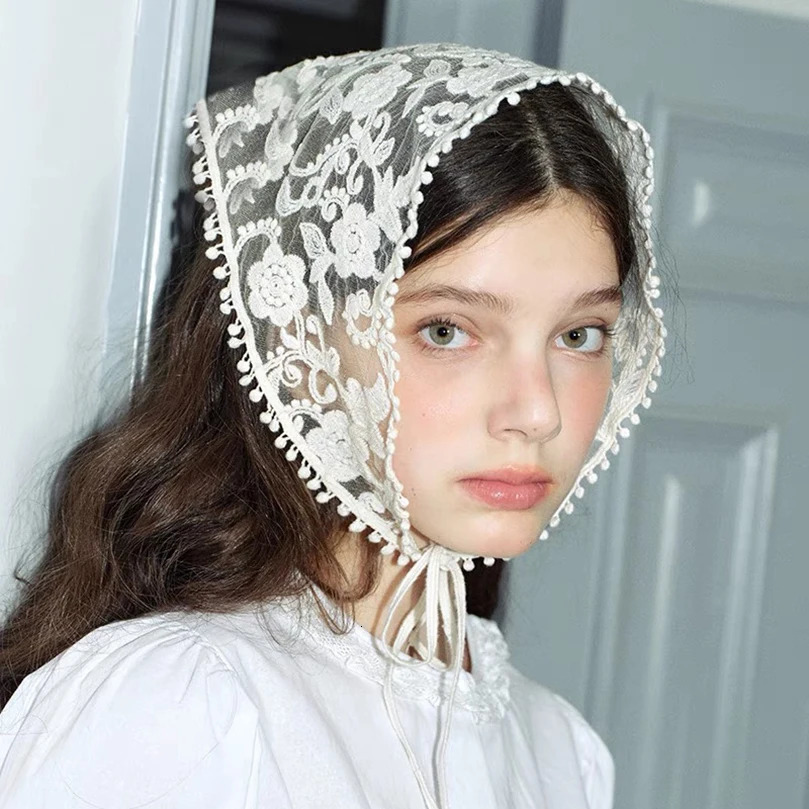 White Woven Floral Lace Hair Scarf Wraps Women Retro Triangle Headscarf Hat Travel Po Headband Hair Accessories 260304