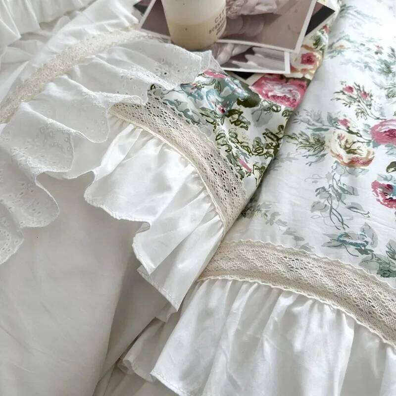 Ruffle patchwork 3Pcs Floral 100%cotton White Duvet Cover Set +2Pillowcases US/UK Super King size Bedding Sets H260312