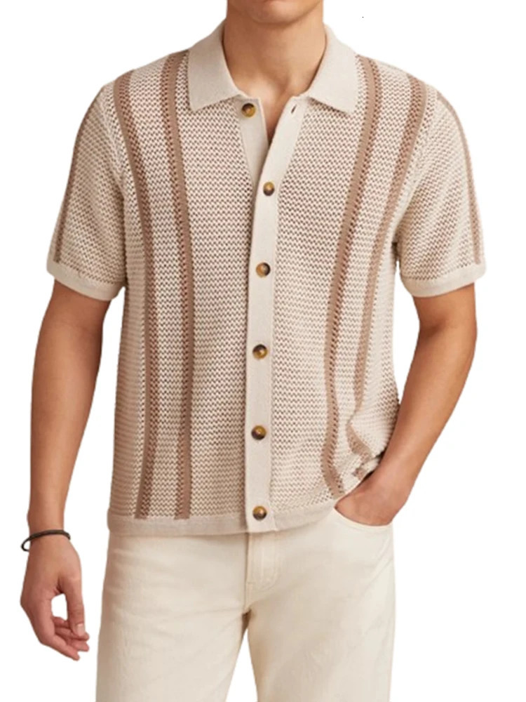 Vintage Striped Knitted Shirts Men Casual Short Sleeve Buttoned Lapel Cardigan Tops 2026 Spring Summer Stylish Knitting Shirt 260311