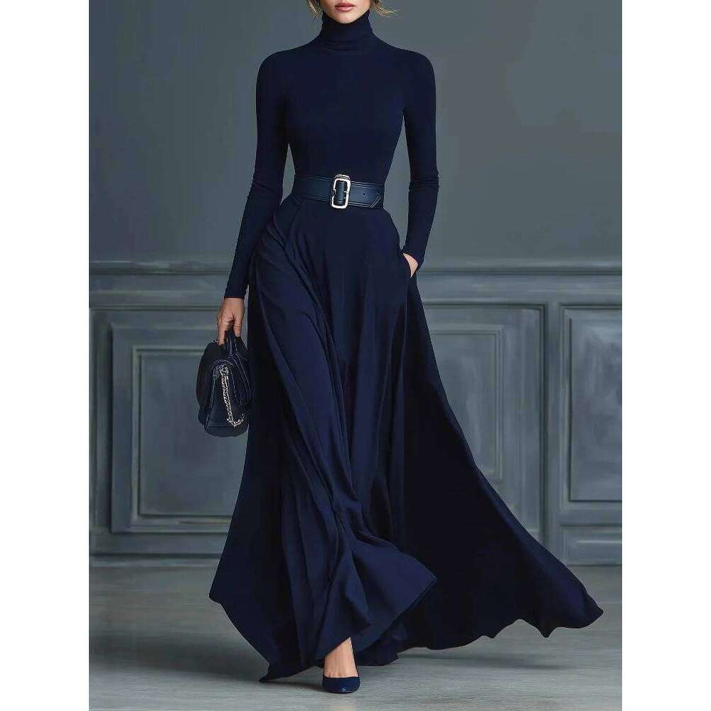 Women Elegant Color Turtleneck Maxi Dress Solid With Pockets Skirt Sleeve Office Party Long Dresses C260311