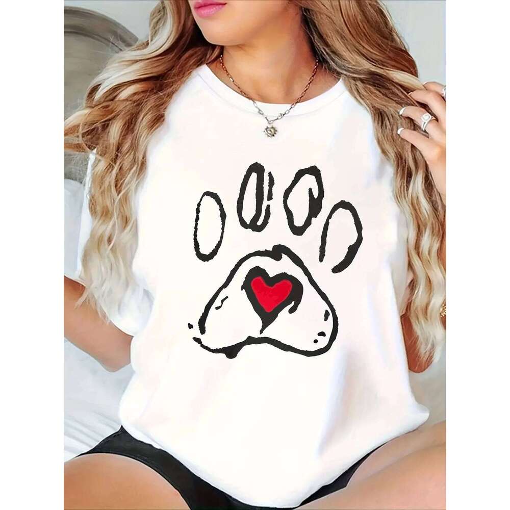 Paw Print & Red Heart Tshirt Casual Hipster Funny T-shirt Lady Yong Girl Top Women Aesthetic Clothes Z260312