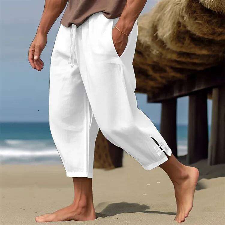 Men's Linen Summer Beach Spring Elastic Waistband Comfortable and Breathable Calf Captcha Pants