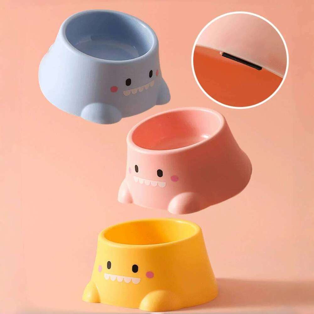 Cartoon Dinosaur 15 Tilted Pet Bowl: Elevated Stainless Steel Dish with Neck Support - Fun Cute Feeder for Cats & Puppy 26Y0312