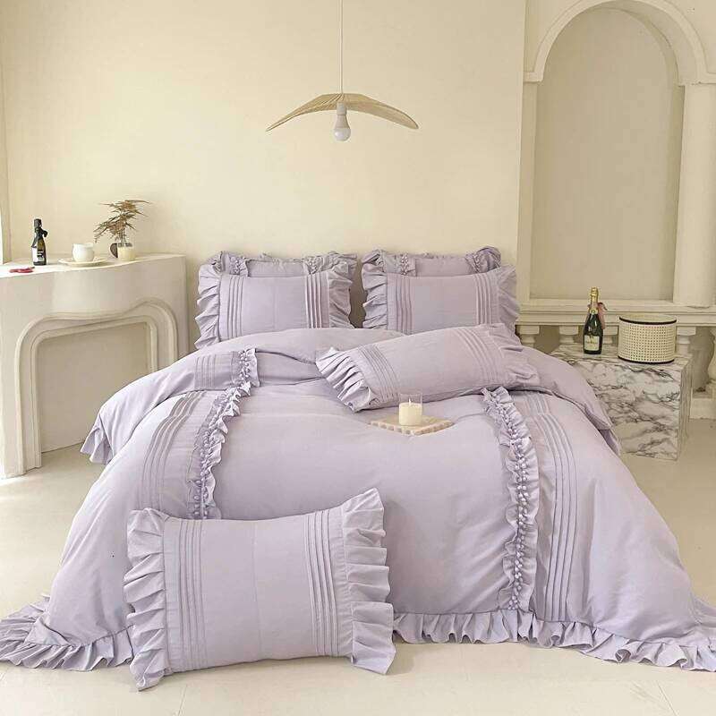 Princess Style Washed Cotton Bedding Set with Pillowcase bed sheet Single Full Linen Purple Duvet Cover Queenking Double Bed H260312