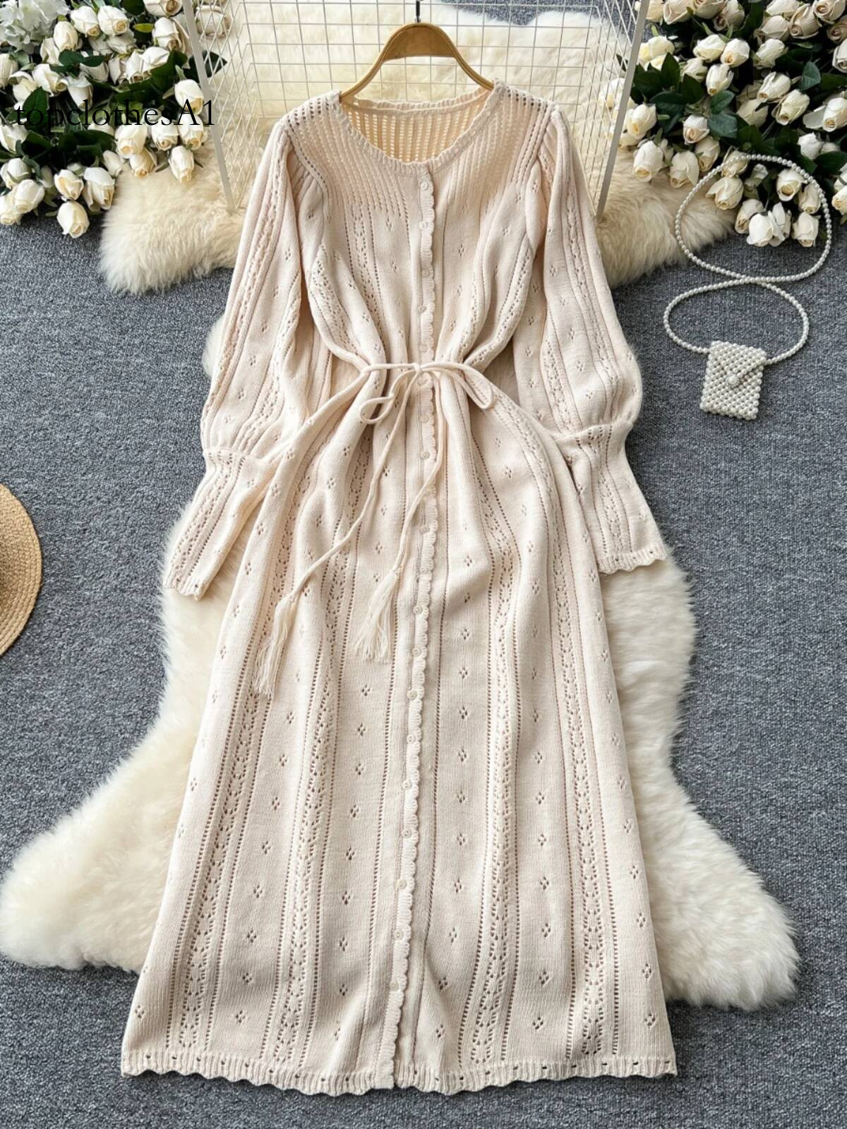 Sweet Hollow out Knitted Women's Autumn Winter High Lantern Sve Bindi Waist Long Dr Korean Sle Commute