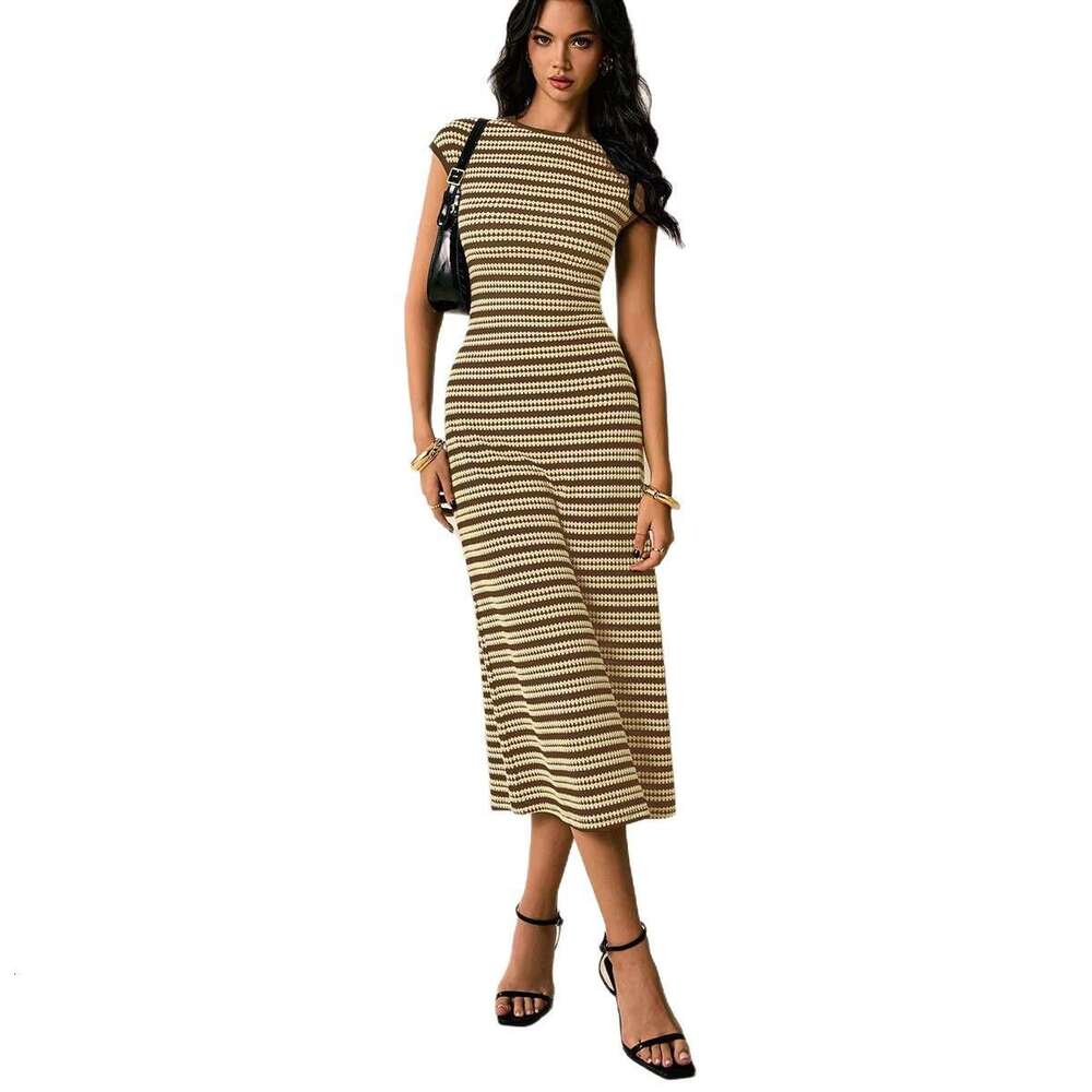 In-stock cross-border European and American striped knitted dress, Amazon foreign trade sleeveless slim-fit midi dress for women